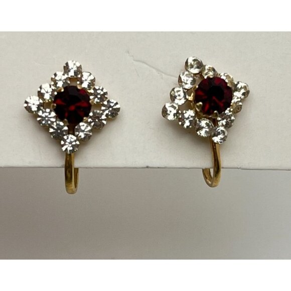 Vintage Gold Electroplate Red Rhinestone Earrings Screw Back Studs - Picture 5 of 6